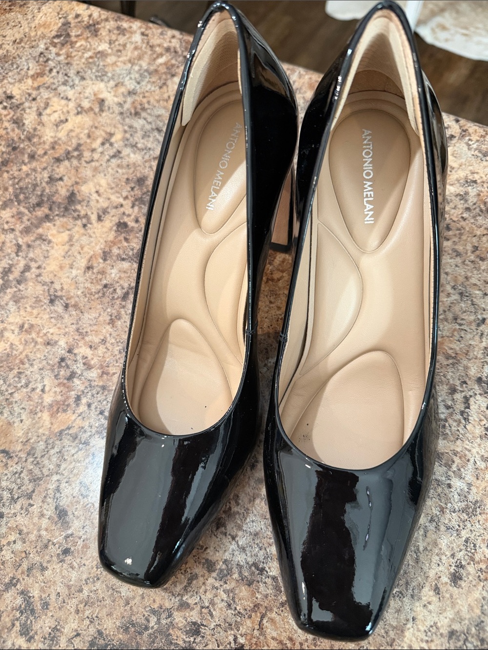 ANTONIO MELANI Black Patent Block Heel Pumps